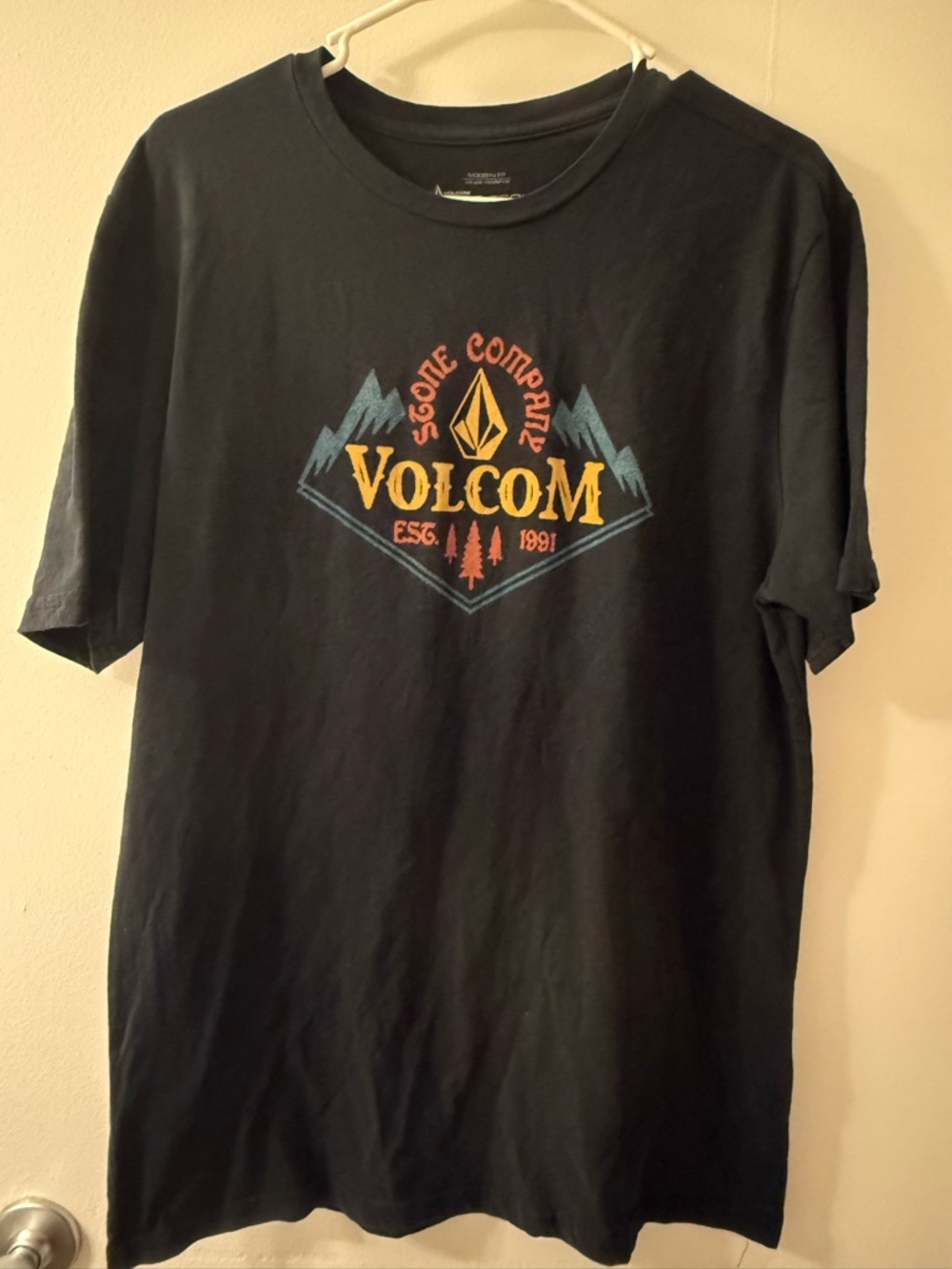 Volcom Black Tee with Yellow & Blue Mountain Logo